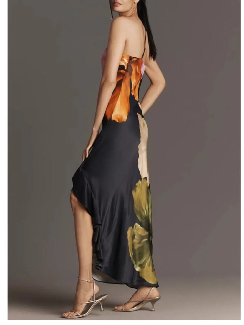 New Anthropologie One-Shoulder Asymmetric Floral Navy Maxi Dress, Sz. 12 - Picture 4 of 6